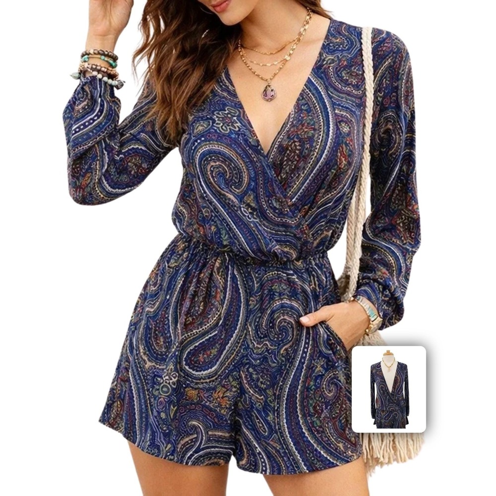 Vintage Havana Paisley Wrap Romper Flowy Boho Festival Vacation Everyday S